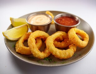 Fotografía de estudio profesional de un Plato de anillos de calamares fritos con boles pequeños de limón y salsa picante de alioli, de fondo blanco, 4k, ultra realista.