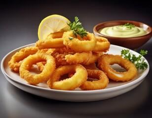 Fotograf&iacute;a de estudio profesional de un Plato de anillos de calamares fritos con boles peque&ntilde;os de lim&oacute;n y salsa picante de alioli, de fondo blanco, 4k, ultra realista.