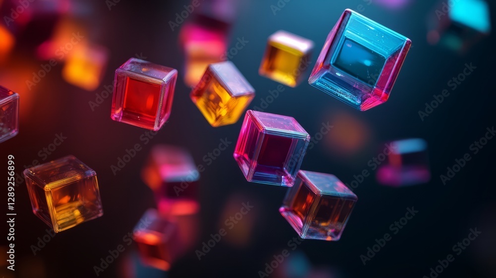 Poster geometric blocks with sharp edges, floating above the black background, with vibrant reflections