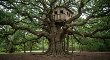 Wooden Treehouse Nestled In Ancient Oak