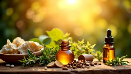 Essential oils with enchanting aromas and natural ingredients in a tranquil outdoor setting.