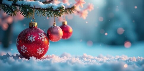 Obraz premium Glass balls with glittering snowflakes on the branch, glass, ornaments, winter