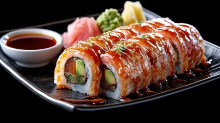 Delicious salmon sushi rolls, soy sauce, ginger, wasabi, restaurant, dark background, food photography