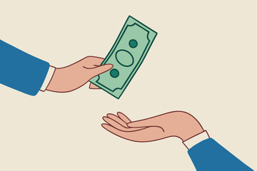 Borrow money from friend, debt and loan, incentive or bonus payment, credit or lending concept, businessman hand giving money banknote to friend's hand.