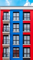 Fototapeta premium Colorful modern residential apartment building with a blue sky background
