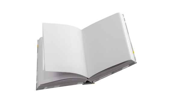 A blank book levitating in the air, open white pages with a clean layout. Perfect for educational materials, publishing, and business presentations. Isolated on a white background, space for content.