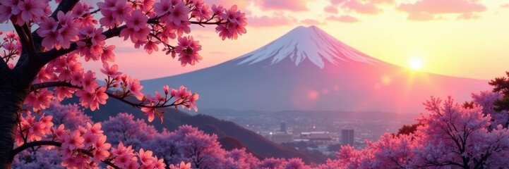 Sakura blossoms in the early morning light on Mt Fuji, trees, sunrise, peaceful