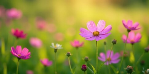 Fototapeta premium Pink cosmos flowers bloom in a lush green field with tall grasses and wildflowers, purple, cosmos