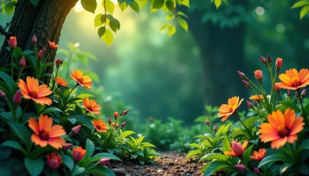 Whispers of wind carry scents of exotic flowers in an overgrown garden, foliage, greenery, ambient sounds