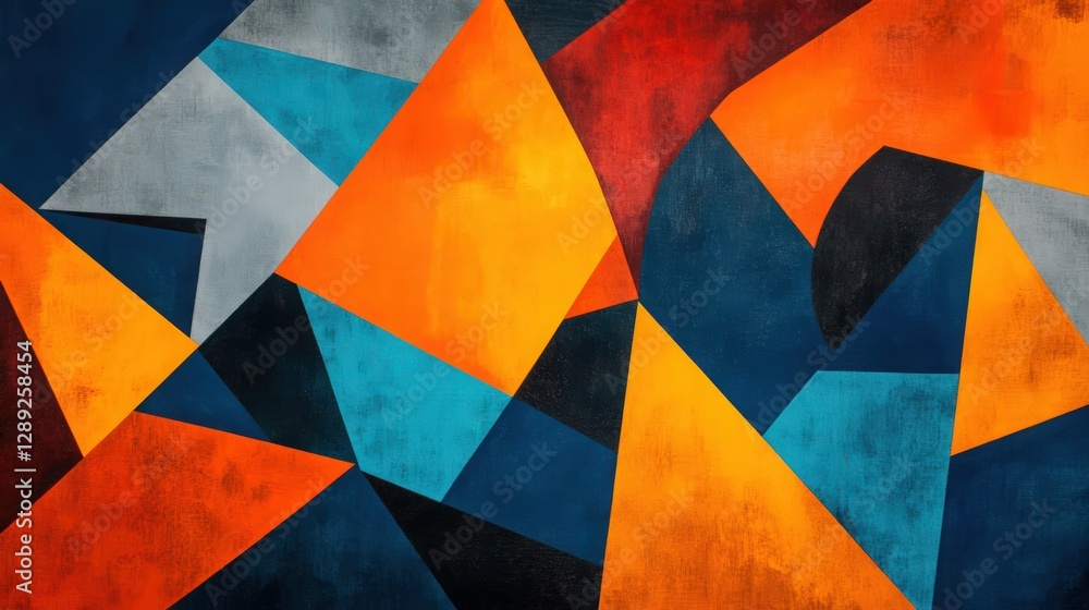 Poster dynamic geometric abstract painting with bold colors and triangular shapes
