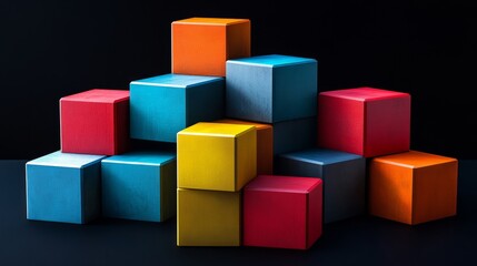 Fototapeta premium High-contrast 3D geometric blocks, with angular edges and soft shadows, set against a pitch-black background