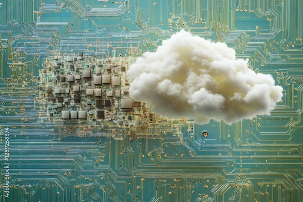Poster a photo capturing a cloud resembling a computer chip as it hovers over a detailed circuit board .