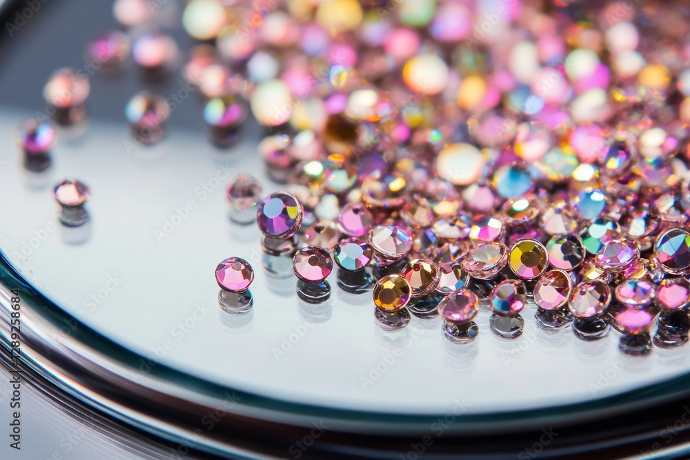 Poster a close-up view reveals an array of tiny rhinestones scattered across a shiny mirror surface. the vi
