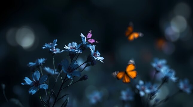 flores azules con mariposas naranjas y purpura. Fondo oscuro y difuso