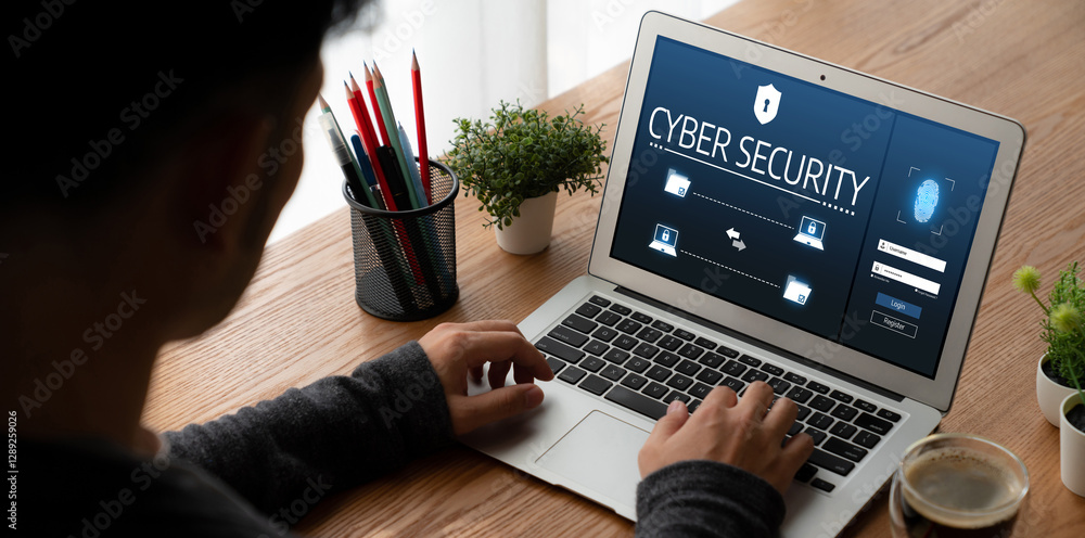 Poster cyber security system on computer screen protect private information snugly from hacker and cyber at