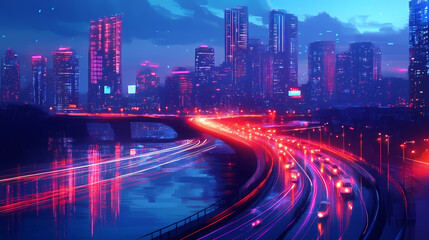 Fototapeta premium Panoramic view of twilight cityscape with light trail on urban bridge on riverside highway. riverside city panorama with bright car trails after sunset. Metropolis of Light Beams. Illustration