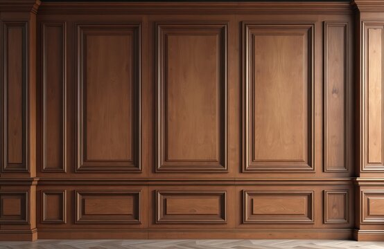 Classic brown wooden wall paneling with rectangular frames. Interior design features wood texture with decorative moulding. Traditional style cabinet, boiserie design for elegant home decor