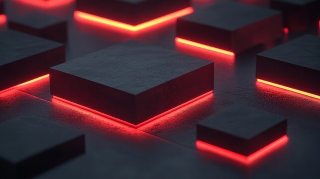 Minimalist 3D blocks with angular edges and soft, glowing edges, against a jet-black background 