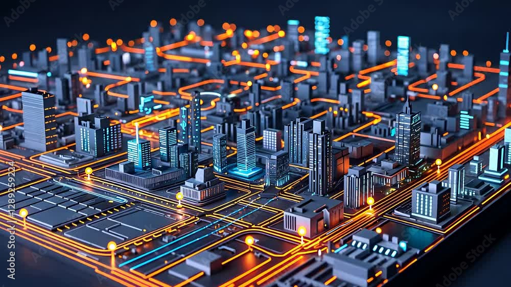 Poster futuristic smart city infrastructure with digital connectivity and high-tech urban network of illumi