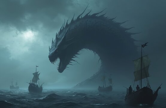 Gigantic Jormungandr serpent emerges from ocean depths near ships. Enormous mythical monster threatens drakkar boats terrorizing gods. Norse mythology concept of sea serpent. Fantasy animal, legend,