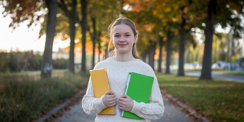 A teenage girl standing outdoors with yellow and green folders, symbolizing education, youth, and school life in an autumn setting with colorful trees in the background. 15 year old girl
