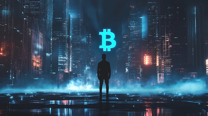 Silhouette of man standing in futuristic city with neon bitcoin symbol and blue beams of light. Metropolis of Light Beams. Illustration
