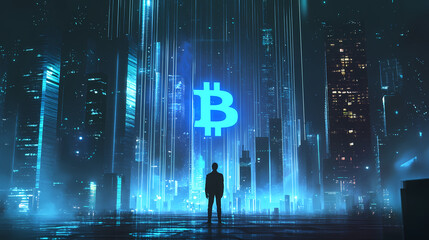 Silhouette of man standing in futuristic city with neon bitcoin symbol and blue beams of light. Metropolis of Light Beams. Illustration