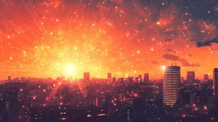 Fototapeta premium Starry sky over a city with skyscrapers and a bright orange glow. Metropolis of Light Beams. Illustration