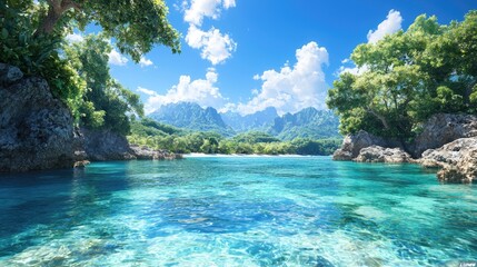 Tropical beach cove, turquoise water, lush greenery, sunny day, travel poster