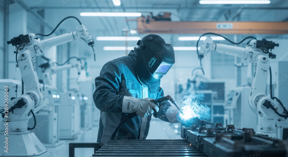 Poster welder working in modern factory with robotic arms. integration of human skills and automation in ad