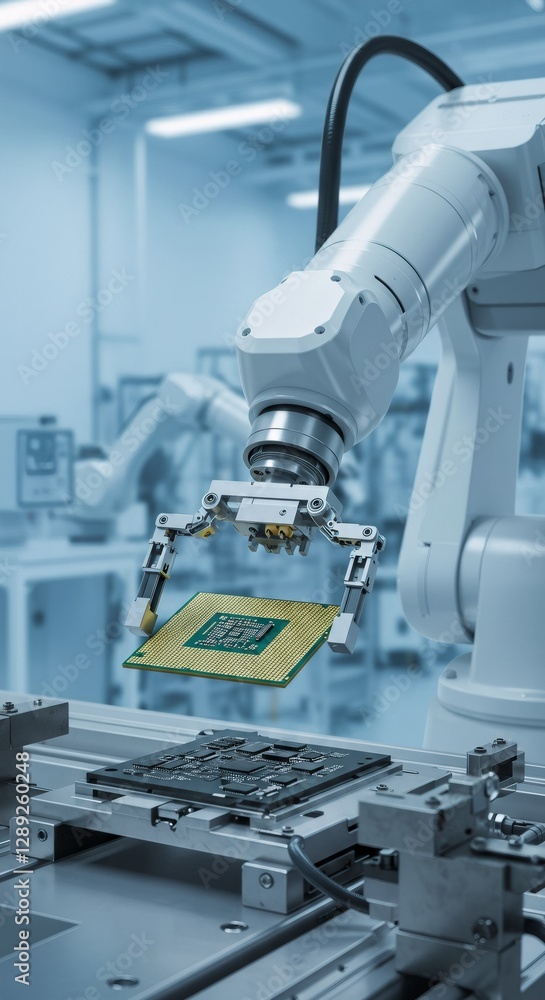 Aufkleber robotic arm holding computer chip in modern electronics manufacturing facility. automated precision 