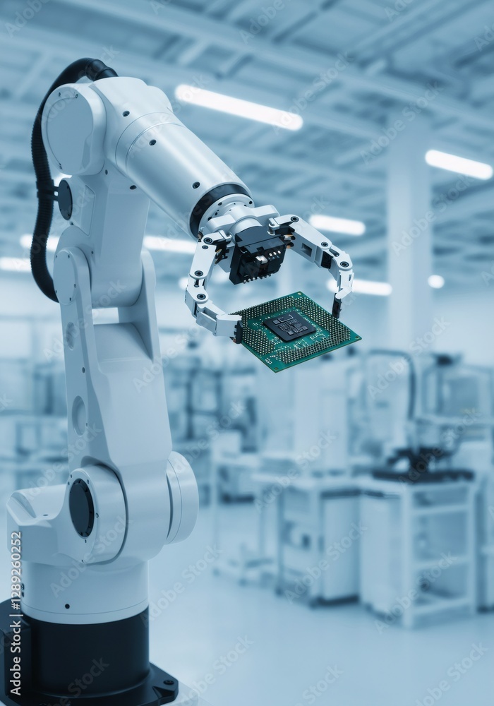 Poster robotic arm holding computer chip in modern factory. automated assembly of electronic components. pr