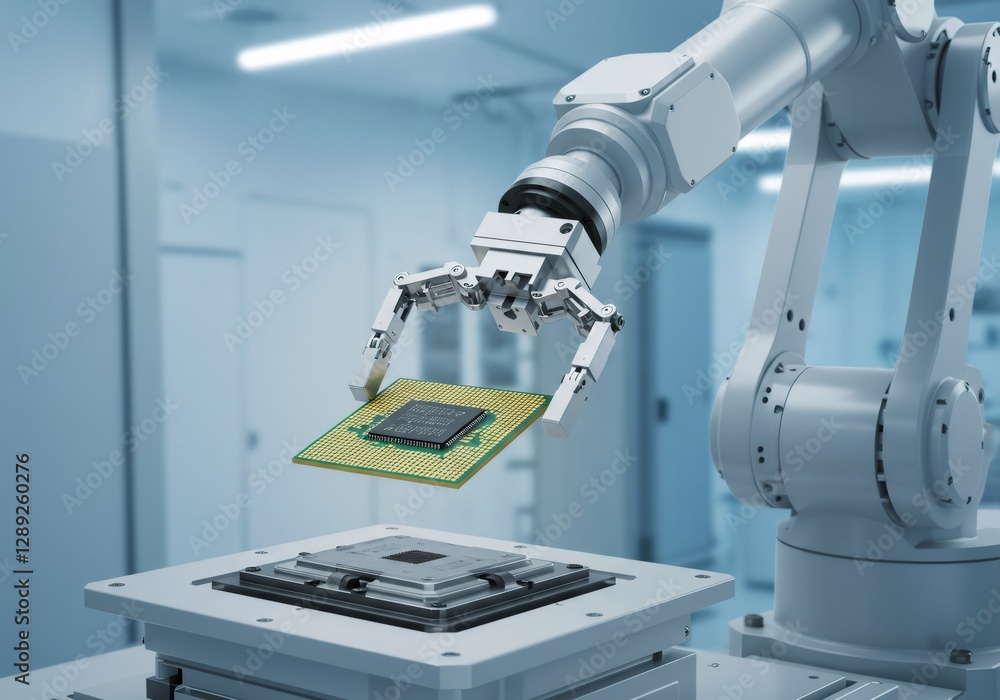 Poster robotic arm handling computer processor chip in modern automated electronics manufacturing facility.