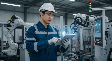 Asian engineer using tablet to control robotic arms in modern factory. Smart manufacturing technology for Industry 4.0 concept. Digital transformation in production.