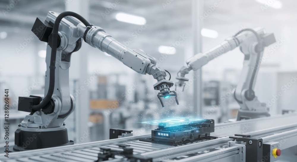 Aufkleber robotic arms scanning electronic components on assembly line. advanced manufacturing process with ai