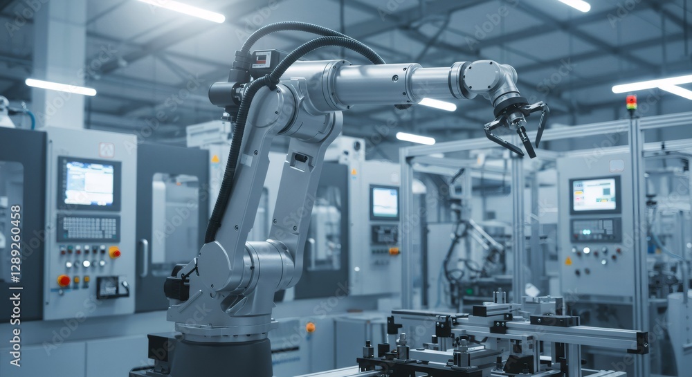 Aufkleber advanced robotic arm in modern automated factory with control panels and machinery. high-tech manufa