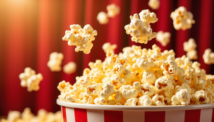 Overflowing popcorn machine with floating kernels, joyful nostalgia