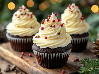 Festive Chocolate Cupcakes on Wooden Board