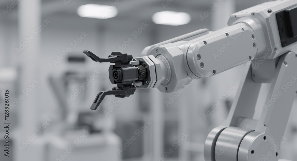 Poster robotic arm in modern factory setting. automated manufacturing process with precision machinery. ind