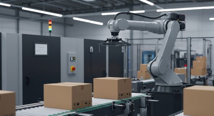 Robotic arm sorting packages on conveyor belt in modern automated warehouse. Smart logistics and distribution center technology. Industry 4.0 concept.