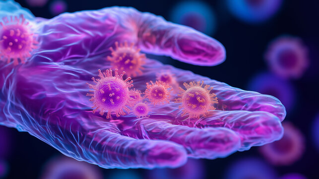 Colorful digital illustration of virus particles resting on a glowing hand against a dark background