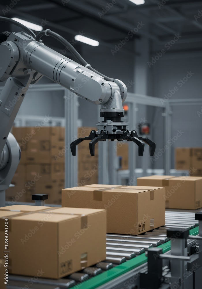 Aufkleber robotic arm handling cardboard boxes on conveyor belt in automated warehouse. efficient logistics an
