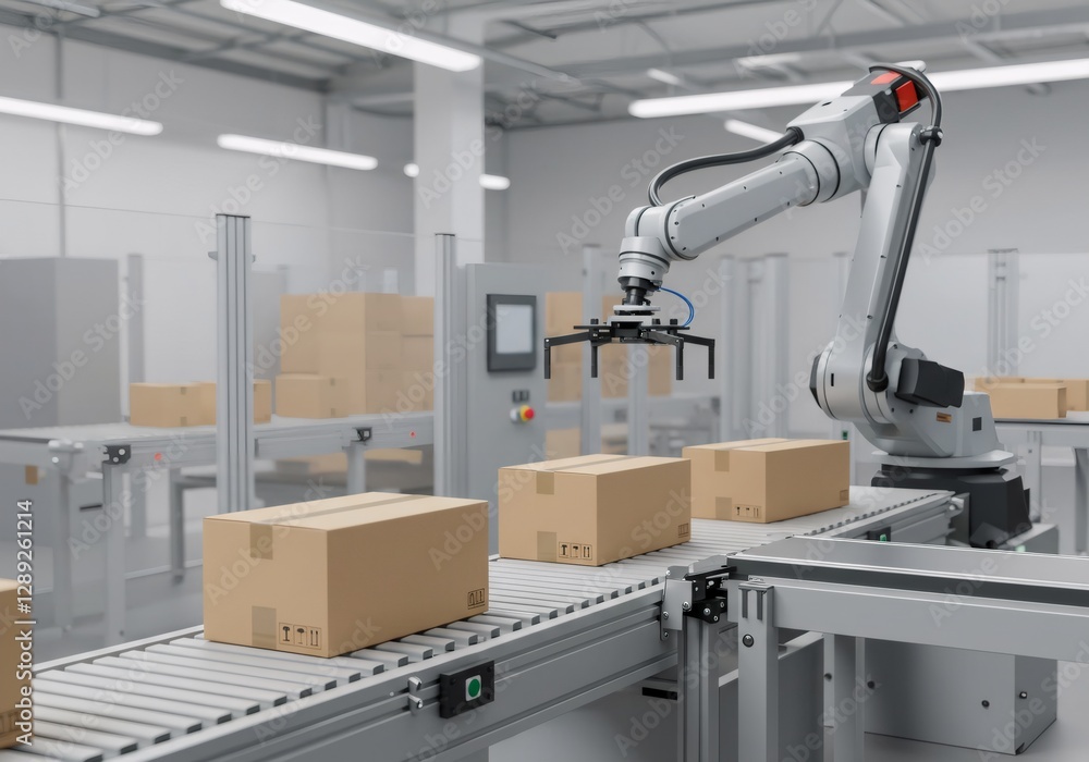 Poster automated robotic arm sorting packages on conveyor belt in modern warehouse. efficient logistics and
