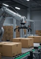 Robotic arm handling cardboard boxes on conveyor belt in automated warehouse. Efficient logistics and packaging process in modern Industry 4.0 factory