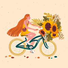 Cute pedaling female bicyclist. Flat cartoon vector illustration.