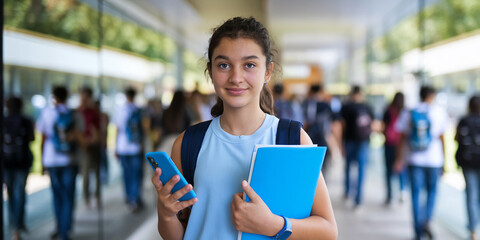 A 15 year old girl standing outdoors with a smartphone and folders in her hands, symbolizing youth, education, and the back-to-school experience with a vibrant academic setting