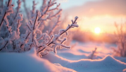 Frosty branches in winter wonderland at sunset time. Sun shines through frozen branch covered with snow. Cold nature scene with ice sparkle, soft blur at pink-blue background. Beautiful frozen