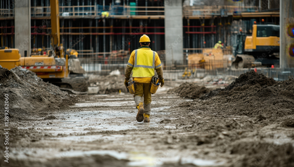 Poster a construction worker traverses a muddy path on a busy construction site where various machinery ope