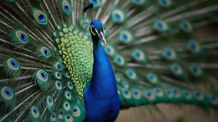 Obraz premium A close-up of a peacock’s fanned-out tail, capturing the intricate details and iridescent colors of the feathers with sharp focus and a blurred background