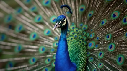 Fototapeta premium A close-up of a peacock’s fanned-out tail, capturing the intricate details and iridescent colors of the feathers with sharp focus and a blurred background